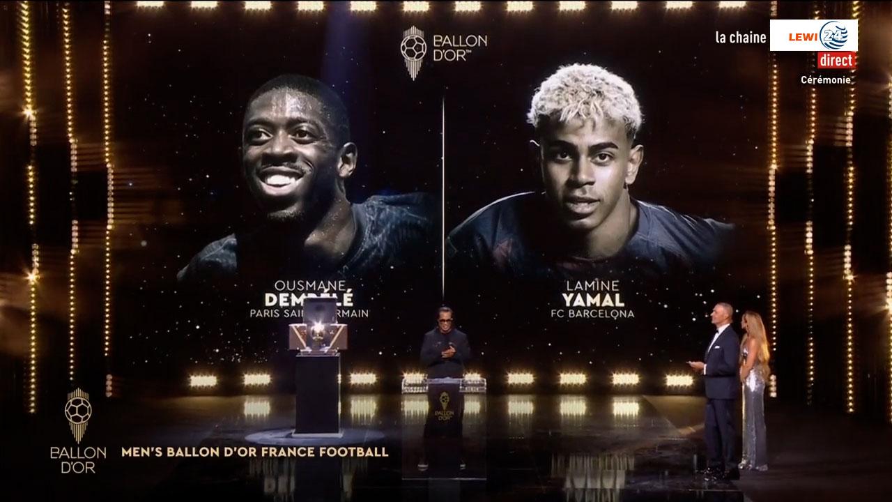 Instant de remise du trophée du ballon d'Or de l'année 2025 à Ousmane Dembélé